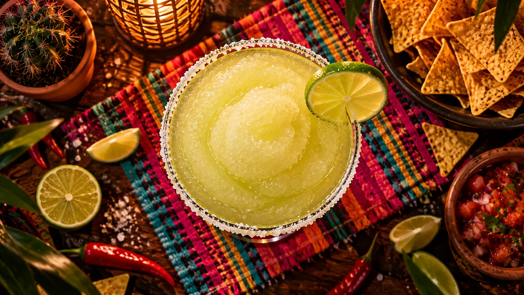 Eine Frozen Margarita mit Salzrand und Limette, von oben, auf einer bunten mexikanischen Tischdecke mit Nachos und Salsa